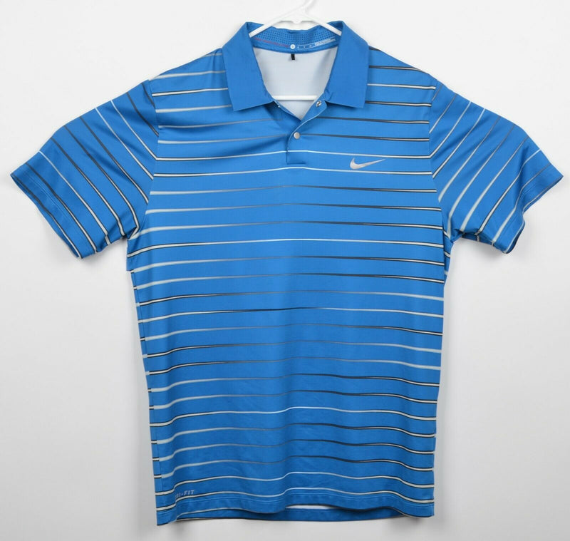 Tiger Woods Men's Sz Small Nike Golf Snap Vented Blue Striped Golf Polo Shirt
