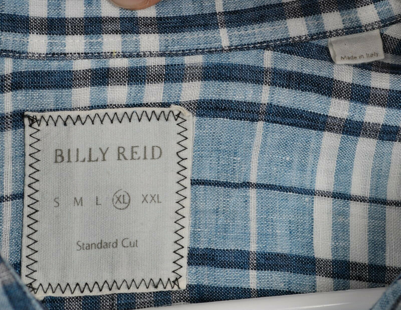 Billy Reid Men's Sz XL Standard Cut 100% Linen Blue Plaid Short Sleeve Shirt