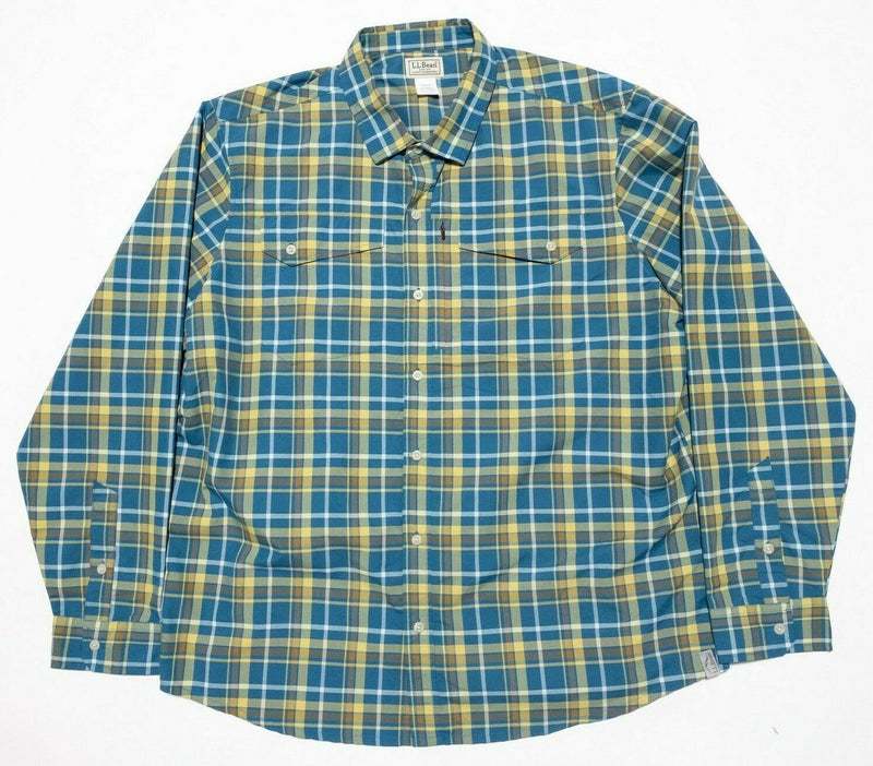 LL Bean Shirt Men's XL SunSmart Cool Weave Long-Sleeve Blue Plaid Fishing Travel