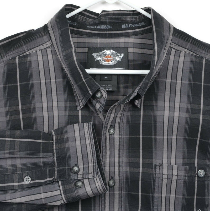 Harley-Davidson Men's Sz 3XL Black Gray Plaid Shield Garage Mechanic Biker Shirt