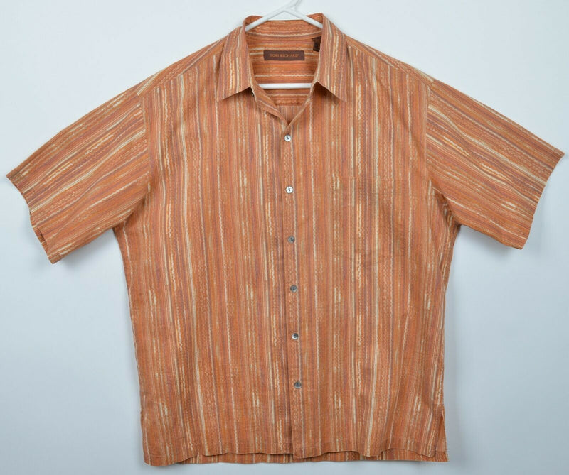 Tori Richard Men's Medium Orange Striped Cotton Lawn Hawaiian Aloha Shirt