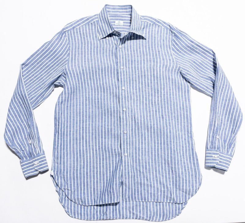 Borrelli Shirt Men's 16.5/42 Button-Down Long Sleeve Blue Stripe Napoli Italy