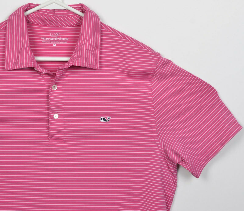 Vineyard Vines Men's Medium Pink Striped Whale Polyester Wicking Golf Polo Shirt