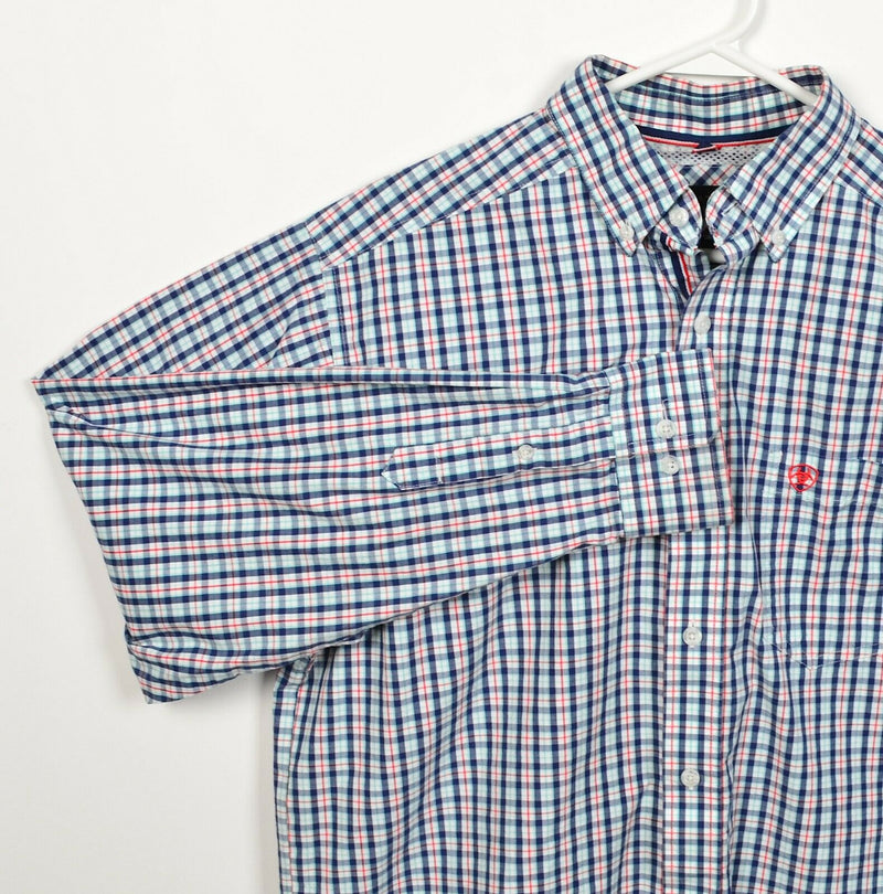 Ariat Pro Series Men's Medium Blue Red Plaid Rodeo Western Button-Down Shirt