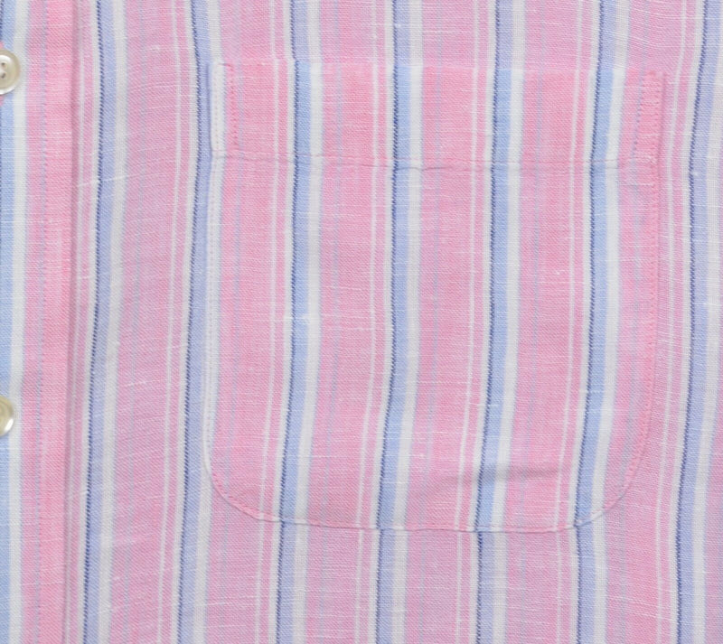 Brooks Brothers Men's XL 100% Linen Pink Blue Striped S/S Button-Down Shirt