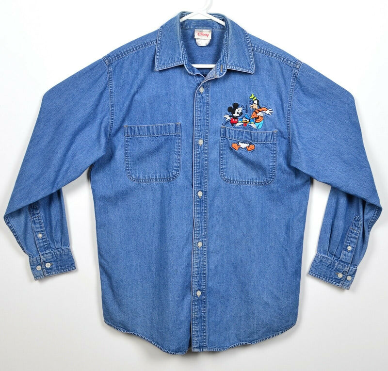 Disney Store Men's Small Denim Embroidered Mickey Goofy Button-Front Shirt