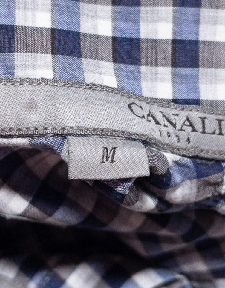 Canali Shirt Men's Medium Long Sleeve Button-Down Blue Gray Check Italy Designer