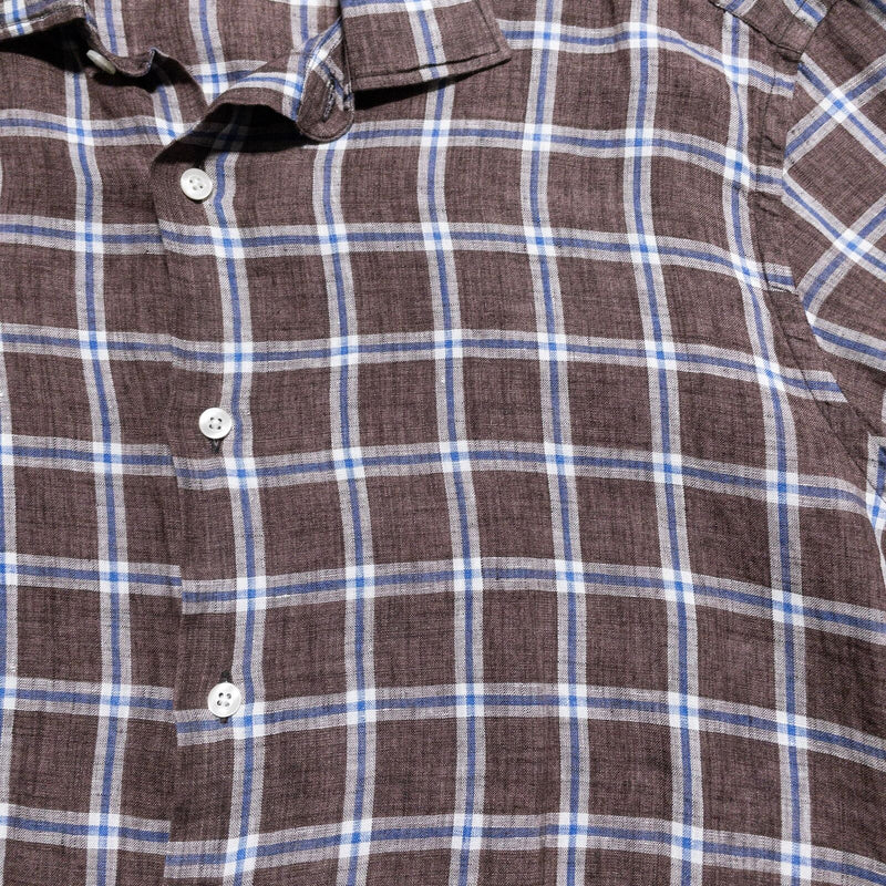 Culturata Linen Shirt Men's XL Tailored Fit 17.5/44 Brown Plaid Short Sleeve