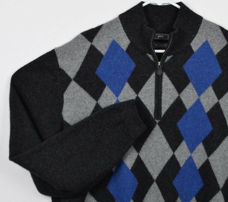 JWN Nordtrom Men's Sz XL 100% Cashmere Argyle Blue Gray 1/4 Zip Sweater