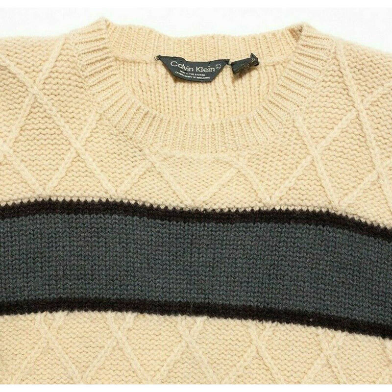 Vintage 80s Calvin Klein Women Large Worsted Wool Cable-Knit Cream Crew Sweater