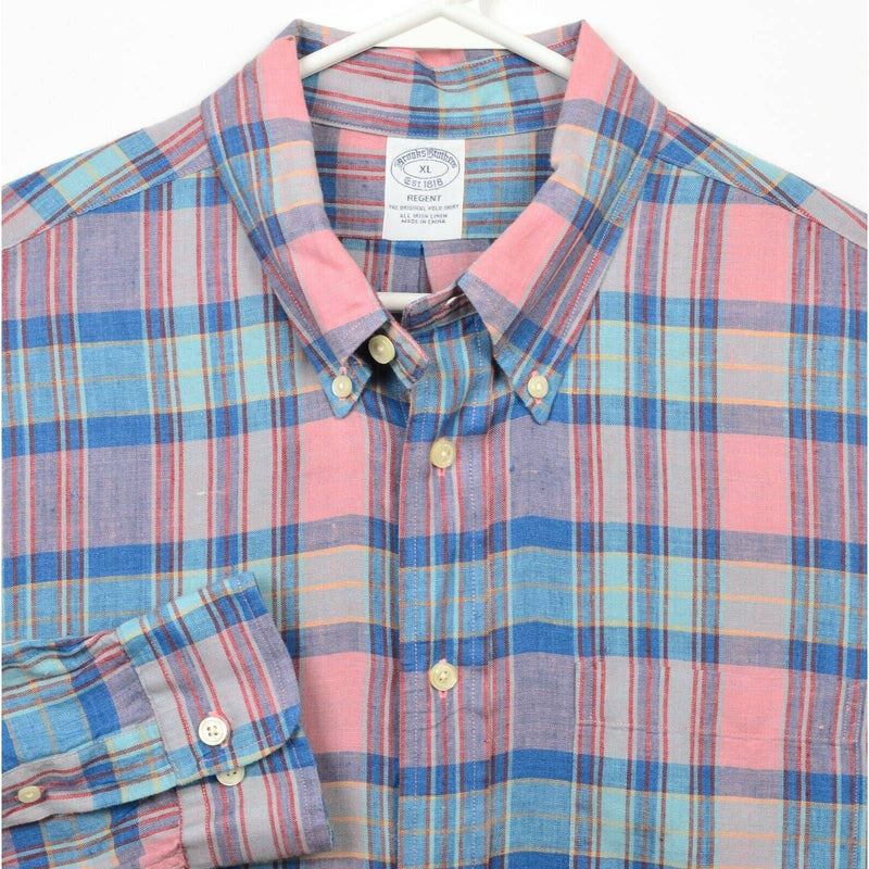 Brooks Brothers Men's XL Irish Linen Pink Blue Plaid Button-Down Regent Shirt